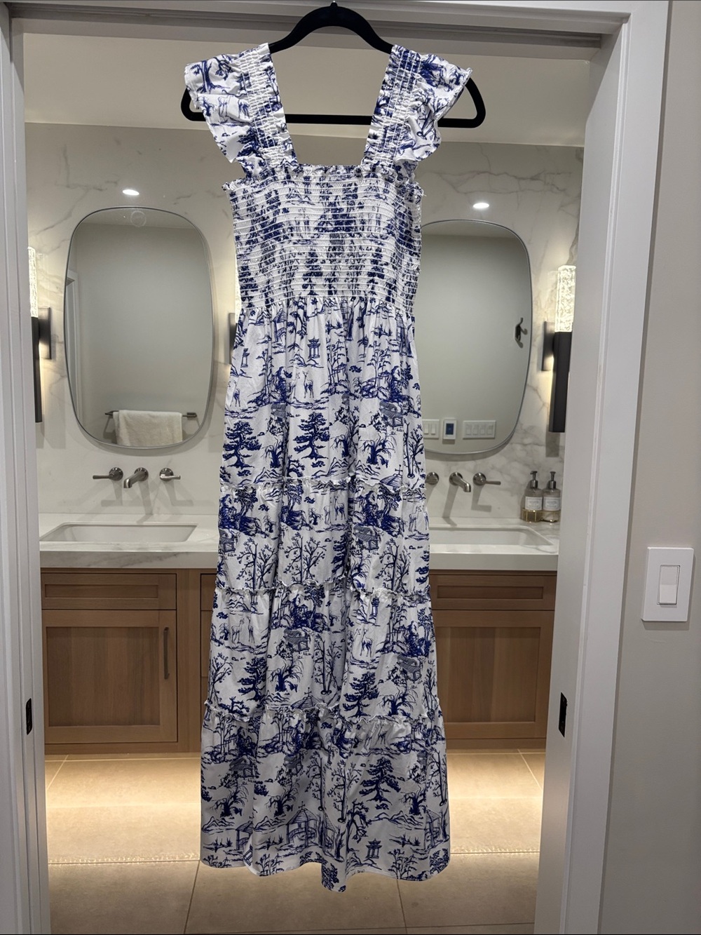 Aqua Blue and White Toile Maxi Dress